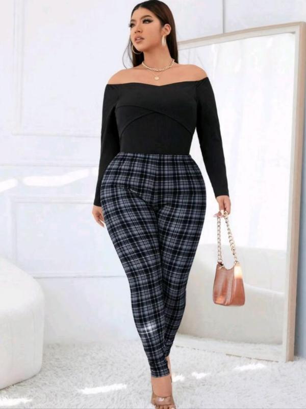  Plaid Print High Waist Leggings, Casual Comfy Skinny Pants for Women, Women's Bottoms for Fall & Winter